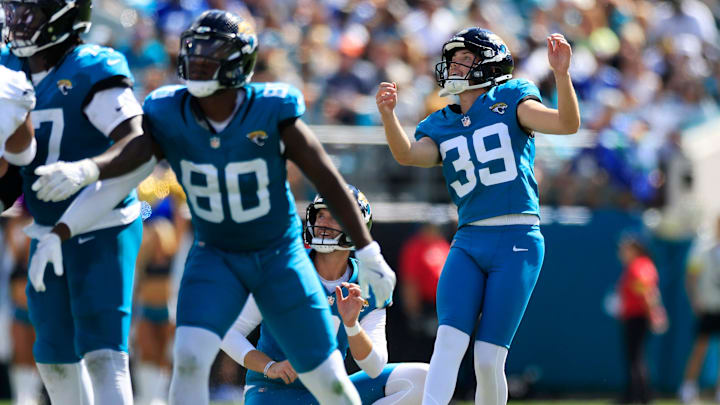 Jacksonville Jaguars kicker Cam Little (39) follows his missed field goal during the second quarter of an NFL football matchup, Sunday, Oct. 12, 2025, at EverBank Stadium in Jacksonville, Fla. The Seahawks defeated the Jaguars 20-12. Jacksonville Jaguars kicker Cam Little (39) follows his missed field goal during the second quarter of an NFL football matchup, Sunday, Oct. 12, 2025, at EverBank Stadium in Jacksonville, Fla. The Seahawks defeated the Jaguars 20-12.