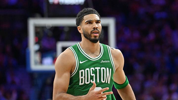 Boston Celtics forward Jayson Tatum (0) reacts after a three point basket against the Philadelphia 76ers during the second half at Xfinity Mobile Arena on Apr. 24, 2026. Boston Celtics forward Jayson Tatum (0) reacts after a three point basket against the Philadelphia 76ers during the second half at Xfinity Mobile Arena on Apr. 24, 2026.