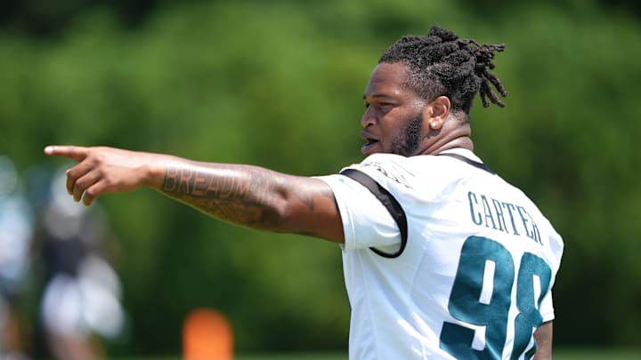 Jul 24, 2025; Philadelphia, PA, USA; Philadelphia Eagles defensive tackle Jalen Carter (98) reacts during training camp at NovaCare Complex. Mandatory Credit: Kyle Ross-Imagn Images