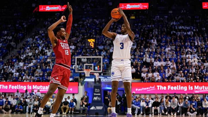 Mar 7, 2026; Provo, Utah, USA; BYU Cougars forward AJ Dybantsa (3) shoots the ball contested by Texas Tech Red Raiders guard Donovan Atwell (12) during the first half at Marriott Center. Mandatory Credit: Aaron Baker-Imagn Images