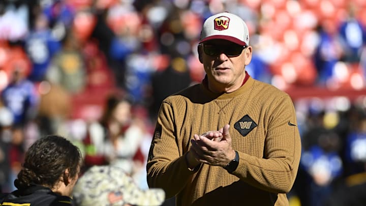Nov 19, 2023; Landover, Maryland, USA; Washington Commanders defensive coordinator Jack Del Rio before the game against the New York Giants at FedExField. Mandatory Credit: Brad Mills-Imagn Images