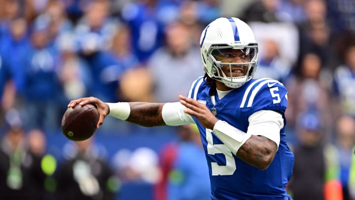 Oct 8, 2023; Indianapolis, Indiana, USA; Indianapolis Colts quarterback Anthony Richardson (5) throws a pass during the first quarter against the Tennessee Titans at Lucas Oil Stadium. Mandatory Credit: Marc Lebryk-USA TODAY Sports