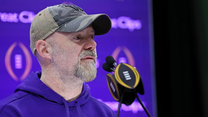 Ryan Grubb addresses the media before the 2024 College Football Playoff national championship game.