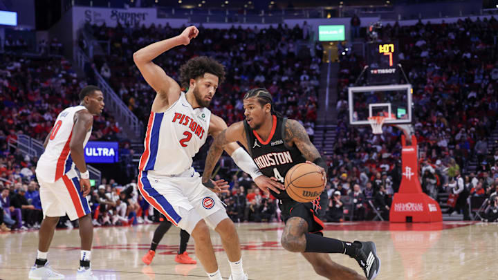 Jan 20, 2025; Houston, Texas, USA; Houston Rockets guard Jalen Green (4) drives against Detroit Pistons guard Cade Cunningham (2) in the second quarter at Toyota Center. Mandatory Credit: Thomas Shea-Imagn Images