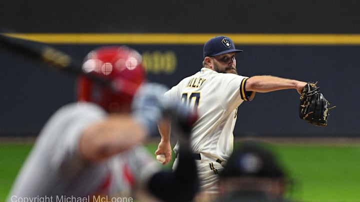 Sep 27, 2023; Milwaukee, Wisconsin, USA; Milwaukee Brewers starting pitcher Wade Miley (20) delivers a pitch against the St. Louis Cardinals in the first inning at American Family Field. Mandatory Credit: Michael McLoone-Imagn Images Sep 27, 2023; Milwaukee, Wisconsin, USA; Milwaukee Brewers starting pitcher Wade Miley (20) delivers a pitch against the St. Louis Cardinals in the first inning at American Family Field. Mandatory Credit: Michael McLoone-Imagn Images