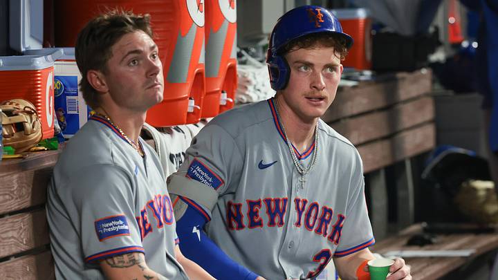 May 22, 2026; Miami, Florida, USA; New York Mets right fielder Carson Benge (3) and left fielder Nick Morabito (55) look on from inside the dugout against the Miami Marlins during the fifth inning at loanDepot Park. Mandatory Credit: Sam Navarro-Imagn Images
