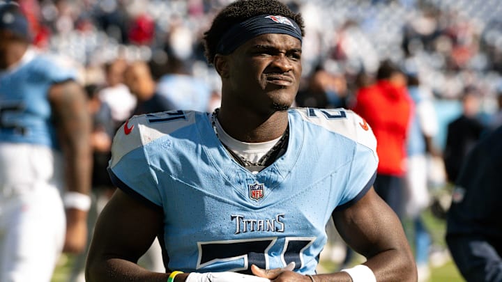 Oct 19, 2025; Nashville, Tennessee, USA;  Tennessee Titans cornerback Roger McCreary (21) walks off the field post game against the New England Patriots at Nissan Stadium. Mandatory Credit: Steve Roberts-Imagn Images