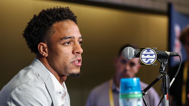 Mississippi State Bulldogs wide receiver Brenen Thompson answers questions from the media during the SEC Media Days at Omni Atlanta Hotel.