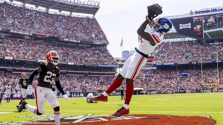 New York Giants wide receiver Malik Nabers catches a touchdown pass over Cleveland Browns cornerback Martin Emerson Jr.