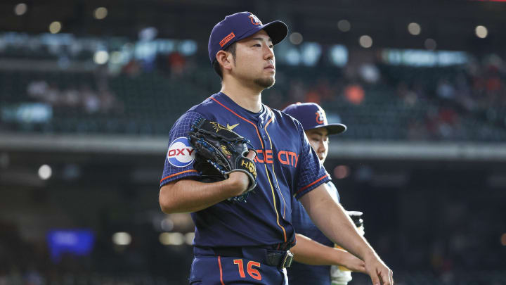 Aug 19, 2024; Houston, Texas, USA; Houston Astros starting pitcher Yusei Kikuchi (16) walks on the field before the game against the Boston Red Sox at Minute Maid Park. Mandatory Credit: Troy Taormina-USA TODAY Sports