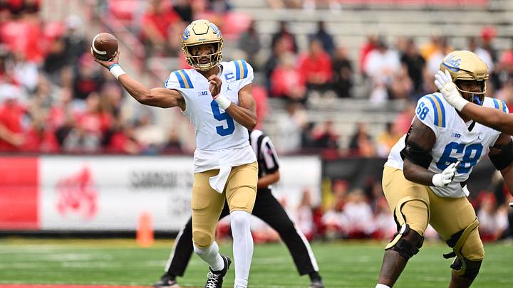Sep 26, 2026; College Park, Maryland, USA;  UCLA Bruins quarterback Nico Iamaleava (9) passes in the first half against the Maryland Terrapins at SECU Stadium. Mandatory Credit: Jamie Sabau-Imagn Images