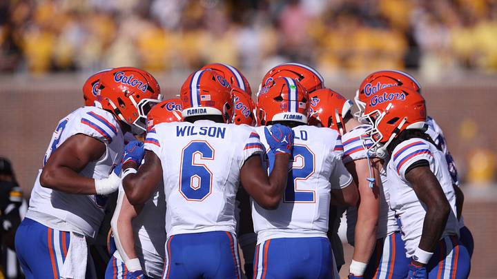 Oct 3, 2026; Columbia, Missouri, USA;  Florida Gators huddle during the second quarter against the Missouri Tigers at Faurot Field at Memorial Stadium.  Mandatory Credit: William Purnell-Imagn Images