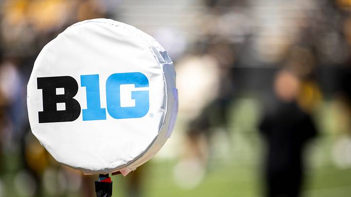 Apr 26, 2025; Iowa City, IA, USA; A detail view of a logo for the Big Ten Conference is seen during a spring NCAA football open practice at Kinnick Stadium. Mandatory Credit: Joseph Cress/For the Register Apr 26, 2025; Iowa City, IA, USA; A detail view of a logo for the Big Ten Conference is seen during a spring NCAA football open practice at Kinnick Stadium. Mandatory Credit: Joseph Cress/For the Register