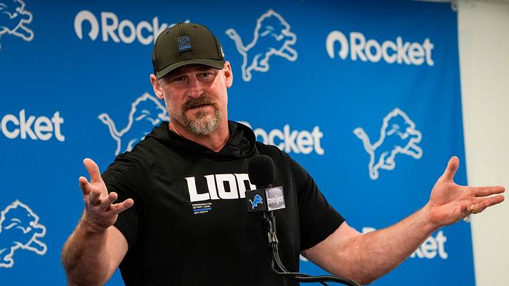 Detroit Lions head coach Dan Campbell answers a question before OTAs at Meijer Performance Center in Allen Park on Friday, May 29, 2026.