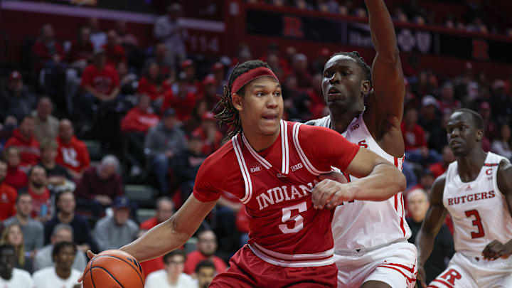 Jan 9, 2024; Piscataway, New Jersey, USA; Indiana Hoosiers forward Malik Reneau (5) drives to the