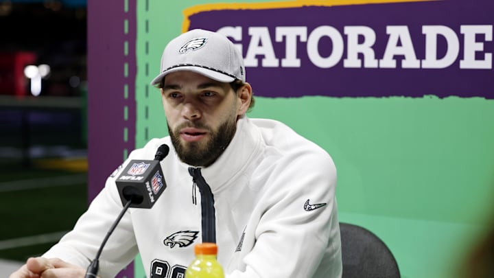 Feb 3, 2025; New Orleans, LA, USA; Philadelphia Eagles tight end Dallas Goedert (88) talks to the media during Super Bowl LIX Opening Night at Ceasars Superdome. Mandatory Credit: Stephen Lew-Imagn Images
