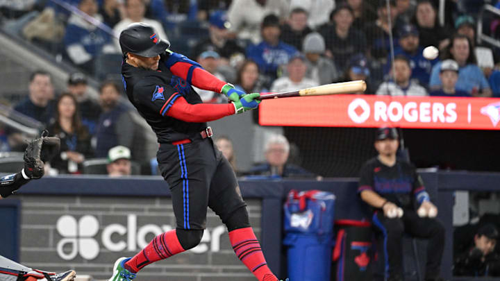Apr 10, 2026; Toronto, Ontario, CAN; Toronto Blue Jays designated hitter George Springer (4) hits a double against the Minnesota Twins in the sixth inning at Rogers Centre. Mandatory Credit: Dan Hamilton-Imagn Images Apr 10, 2026; Toronto, Ontario, CAN; Toronto Blue Jays designated hitter George Springer (4) hits a double against the Minnesota Twins in the sixth inning at Rogers Centre. Mandatory Credit: Dan Hamilton-Imagn Images