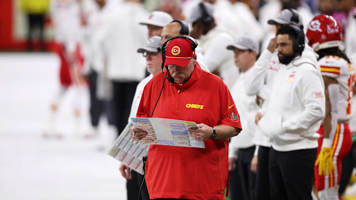 Feb 9, 2025; New Orleans, LA, USA; Kansas City Chiefs head coach Andy Reid looks on against the Philadelphia Eagles during the first half of Super Bowl LIX at Caesars Superdome. Mandatory Credit: Bill Streicher-Imagn Images