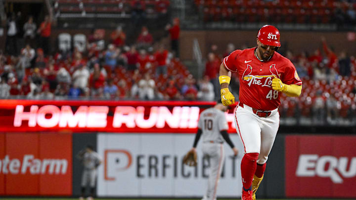 Sep 5, 2025; St. Louis, Missouri, USA; St. Louis Cardinals designated hitter Ivan Herrera (48) runs the bases after hitting a solo home run against the San Francisco Giants during the eighth inning at Busch Stadium. Mandatory Credit: Jeff Curry-Imagn Images Sep 5, 2025; St. Louis, Missouri, USA; St. Louis Cardinals designated hitter Ivan Herrera (48) runs the bases after hitting a solo home run against the San Francisco Giants during the eighth inning at Busch Stadium. Mandatory Credit: Jeff Curry-Imagn Images