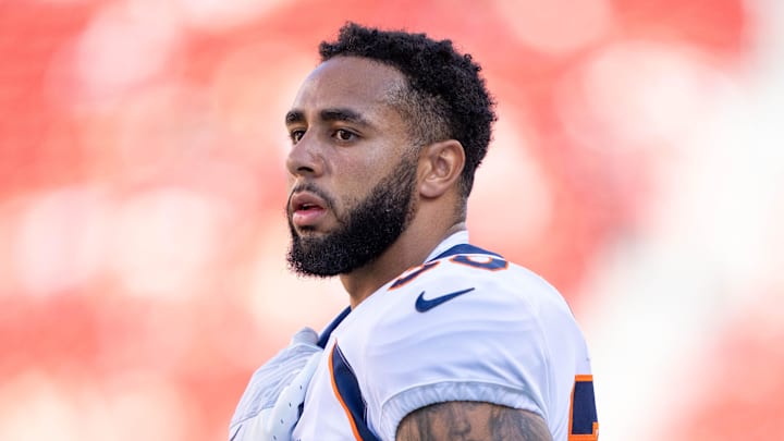 August 19, 2023; Santa Clara, California, USA; Denver Broncos safety Caden Sterns (30) warms up