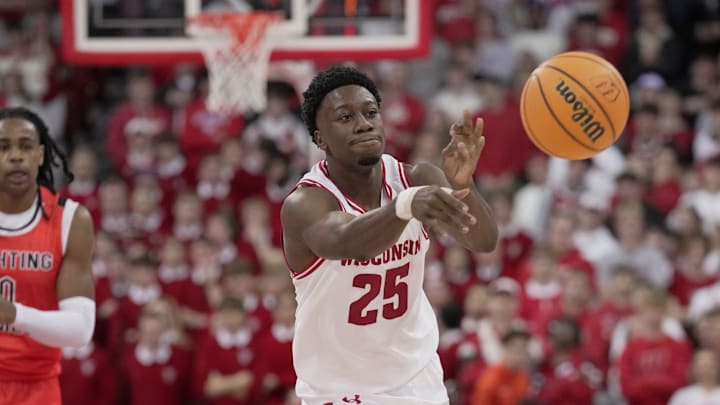 Wisconsin guard John Blackwell (25) passes the ball during the second half of their game against Campbell Monday, November 3, 2025 at the Kohl Center in Madison, Wisconsin.