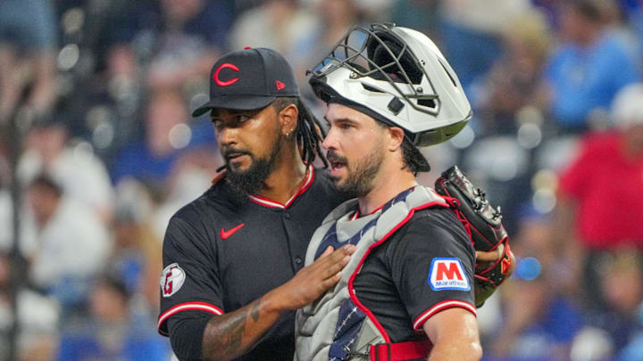 Jul 26, 2025; Kansas City, Missouri, USA; Cleveland Guardians relief pitcher Emmanuel Clase (48) celebrates with catcher Austin Hedges (27) after the win over the Kansas City Royals at Kauffman Stadium. Mandatory Credit: Denny Medley-Imagn Images Jul 26, 2025; Kansas City, Missouri, USA; Cleveland Guardians relief pitcher Emmanuel Clase (48) celebrates with catcher Austin Hedges (27) after the win over the Kansas City Royals at Kauffman Stadium. Mandatory Credit: Denny Medley-Imagn Images