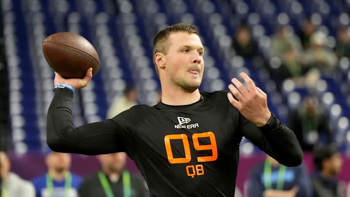 Mar 1, 2025; Indianapolis, IN, USA; Syracuse quarterback Kyle McCord (QB09) during the 2025 NFL Combine at Lucas Oil Stadium. Mandatory Credit: Kirby Lee-Imagn Images