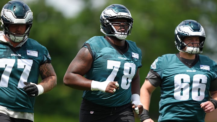 Jun 10, 2025; Philadelphia, PA, USA; Philadelphia Eagles offensive lineman Myles Hinton (78) warms up at NovaCare Complex. Jun 10, 2025; Philadelphia, PA, USA; Philadelphia Eagles offensive lineman Myles Hinton (78) warms up at NovaCare Complex.