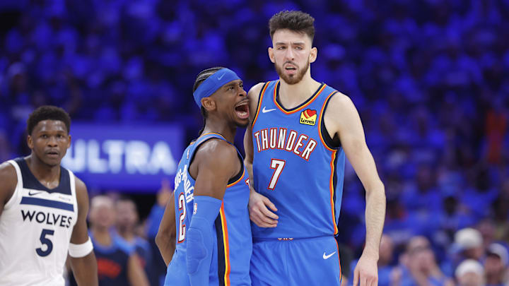 May 22, 2025; Oklahoma City, Oklahoma, USA; Oklahoma City Thunder guard Shai Gilgeous-Alexander (2) and forward Chet Holmgren (7) celebrate after a play against the Minnesota Timberwolves in the third quarter during game two of the western conference finals for the 2025 NBA Playoffs at Paycom Center. Mandatory Credit: Alonzo Adams-Imagn Images May 22, 2025; Oklahoma City, Oklahoma, USA; Oklahoma City Thunder guard Shai Gilgeous-Alexander (2) and forward Chet Holmgren (7) celebrate after a play against the Minnesota Timberwolves in the third quarter during game two of the western conference finals for the 2025 NBA Playoffs at Paycom Center. Mandatory Credit: Alonzo Adams-Imagn Images