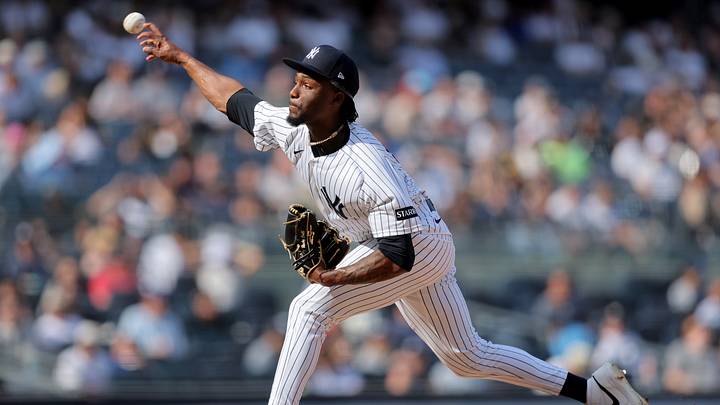 Apr 16, 2026; Bronx, New York, USA; New York Yankees relief pitcher Angel Chivilli (57) pitches against the Los Angeles Angels during the seventh inning at Yankee Stadium. Mandatory Credit: Brad Penner-Imagn Images Apr 16, 2026; Bronx, New York, USA; New York Yankees relief pitcher Angel Chivilli (57) pitches against the Los Angeles Angels during the seventh inning at Yankee Stadium. Mandatory Credit: Brad Penner-Imagn Images