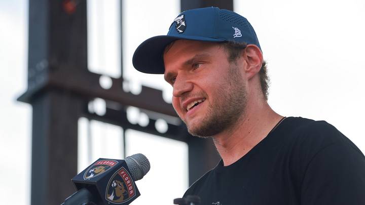 Jun 22, 2025; Fort Lauderdale, Florida, UNITED STATES; Florida Panthers center Aleksander Barkov (16) speaks to the fans during the Stanley Cup championship parade and rally. Mandatory Credit: Sam Navarro-Imagn Images