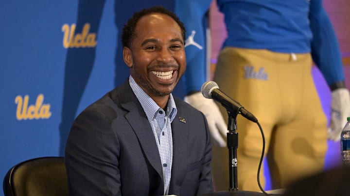 Feb 13, 2024; Los Angeles, CA, USA; UCLA Bruins athletic director Martin Jarmond introduces DeShaun Foster as the new head football coach during a press conference at Pauley Pavilion. Mandatory Credit: Jayne Kamin-Oncea-Imagn Images Feb 13, 2024; Los Angeles, CA, USA; UCLA Bruins athletic director Martin Jarmond introduces DeShaun Foster as the new head football coach during a press conference at Pauley Pavilion. Mandatory Credit: Jayne Kamin-Oncea-Imagn Images