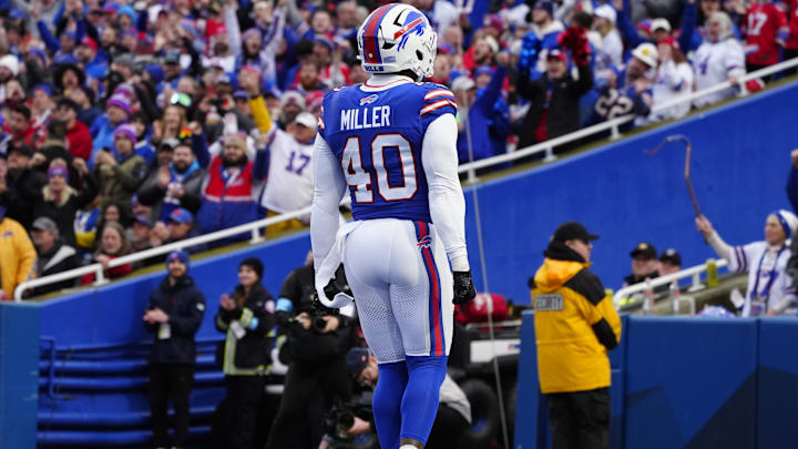 Dec 29, 2024; Orchard Park, New York, USA; Buffalo Bills linebacker Von Miller (40) reacts to getting a sack against the New York Jets during the second half at Highmark Stadium. Mandatory Credit: Gregory Fisher-Imagn Images