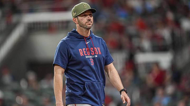 May 15, 2026; Cumberland, Georgia, USA; Boston Red Sox interim manager Chad Tracy (17) shown on the field against the Atlanta Braves during a pitching change at Truist Park. Mandatory Credit: Dale Zanine-Imagn Images