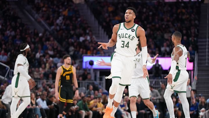 Mar 6, 2024; San Francisco, California, USA; Milwaukee Bucks forward Giannis Antetokounmpo (34) reacts after the Bucks made a basket against the Golden State Warriors in the third quarter at the Chase Center. Mandatory Credit: Cary Edmondson-Imagn Images Mar 6, 2024; San Francisco, California, USA; Milwaukee Bucks forward Giannis Antetokounmpo (34) reacts after the Bucks made a basket against the Golden State Warriors in the third quarter at the Chase Center. Mandatory Credit: Cary Edmondson-Imagn Images