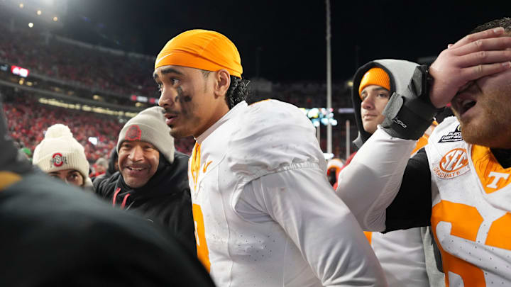 Tennessee quarterback Nico Iamaleava (8) walks off the field after the loss to Ohio State in the NCAA college football playoff game on Saturday, Dec. 21, 2024, in Columbus, Ohio. Tennessee quarterback Nico Iamaleava (8) walks off the field after the loss to Ohio State in the NCAA college football playoff game on Saturday, Dec. 21, 2024, in Columbus, Ohio.