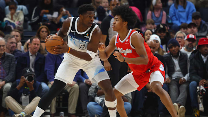Jan 20, 2025; Memphis, Tennessee, USA; Minnesota Timberwolves guard Anthony Edwards (5) handles the ball as Memphis Grizzlies forward Jaylen Wells (0) defends during the first quarter at FedExForum. Mandatory Credit: Petre Thomas-Imagn Images