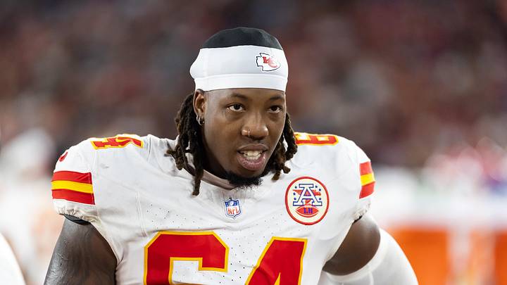 Aug 9, 2025; Glendale, Arizona, USA; Kansas City Chiefs offensive tackle Wanya Morris (64) against the Arizona Cardinals during a preseason NFL game at State Farm Stadium. Mandatory Credit: Mark J. Rebilas-Imagn Images Aug 9, 2025; Glendale, Arizona, USA; Kansas City Chiefs offensive tackle Wanya Morris (64) against the Arizona Cardinals during a preseason NFL game at State Farm Stadium. Mandatory Credit: Mark J. Rebilas-Imagn Images