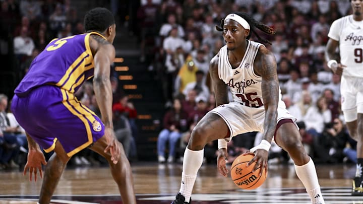 Jan 18, 2025; College Station, Texas, USA; Texas A&M Aggies guard Manny Obaseki (35) sets the play against the LSU Tigers during the first half at Reed Arena. The Aggies defeated the Tigers 68-57. Mandatory Credit: Maria Lysaker-Imagn Images 