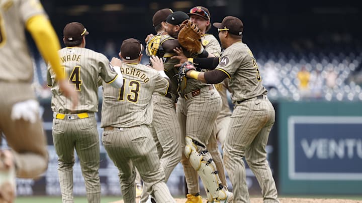 Jul 25, 2024; Washington, District of Columbia, USA; San Diego Padres starting pitcher Dylan Cease (84) celebrates with teammates after the final out of a no-hitter against the Washington Nationals at Nationals Park. Mandatory Credit: Geoff Burke-Imagn Images Jul 25, 2024; Washington, District of Columbia, USA; San Diego Padres starting pitcher Dylan Cease (84) celebrates with teammates after the final out of a no-hitter against the Washington Nationals at Nationals Park. Mandatory Credit: Geoff Burke-Imagn Images