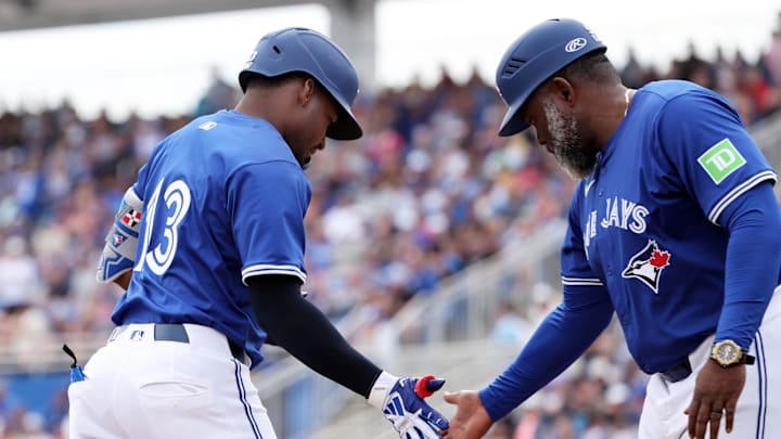 Toronto Blue Jays second base Orelvis Martinez (13) celebrates his home run home run during the fourth inning against the New York Yankees at TD Ballpark on Feb. 22.