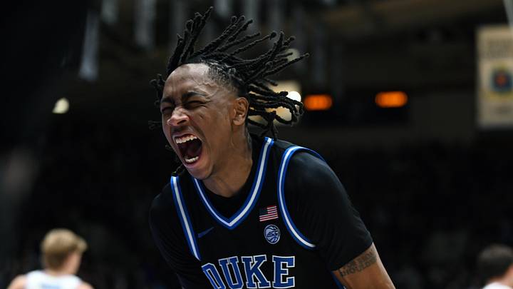 Dec 2, 2025; Durham, North Carolina, USA; Duke Blue Devils forward Isaiah Evans (3) reacts after making the game-winning steal during the second half against the Florida Gators at Cameron Indoor Stadium.  The Blue Devils won 67-66. Mandatory Credit: Rob Kinnan-Imagn Images