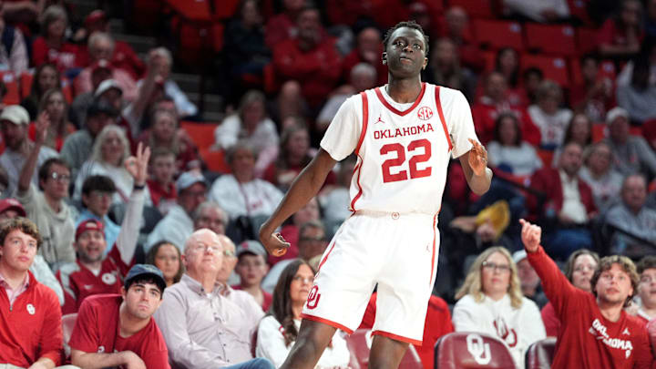 Oklahoma's Kuol Atak (22) reacts after a 3-point basket in the second half against Ole Miss on Saturday, Jan. 3, 2026.