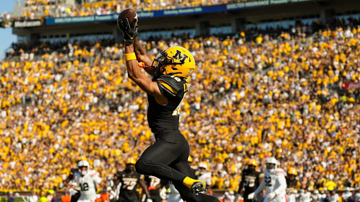 Oct 19, 2024; Columbia, Missouri, USA; Missouri Tigers wide receiver Mekhi Miller (10) catches a pass during the second half against the Auburn Tigers at Faurot Field at Memorial Stadium. Mandatory Credit: Jay Biggerstaff-Imagn Images Oct 19, 2024; Columbia, Missouri, USA; Missouri Tigers wide receiver Mekhi Miller (10) catches a pass during the second half against the Auburn Tigers at Faurot Field at Memorial Stadium. Mandatory Credit: Jay Biggerstaff-Imagn Images
