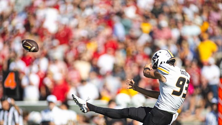 Oct 26, 2024; Tuscaloosa, Alabama, USA; Missouri Tigers punter Luke Bauer (93) punts against the Alabama Crimson Tide during the first quarter at Bryant-Denny Stadium. Mandatory Credit: Will McLelland-Imagn Images