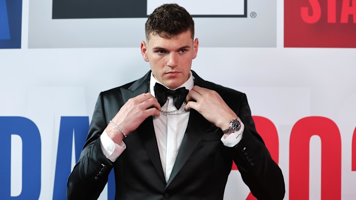 Jun 26, 2024; Brooklyn, NY, USA; Donovan Clingan arrives for the first round of the 2024 NBA Draft at Barclays Center. Mandatory Credit: Brad Penner-USA TODAY Sports
