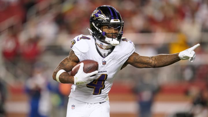 Dec 25, 2023; Santa Clara, California, USA; Baltimore Ravens wide receiver Zay Flowers (4) reacts after catching a touchdown against the San Francisco 49ers in the third quarter at Levi's Stadium. Mandatory Credit: Cary Edmondson-USA TODAY Sports