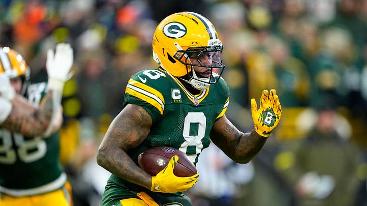 Dec 7, 2025; Green Bay, Wisconsin, USA;  Green Bay Packers running back Josh Jacobs (8) during the game against the Chicago Bears at Lambeau Field. Mandatory Credit: Jeff Hanisch-Imagn Images