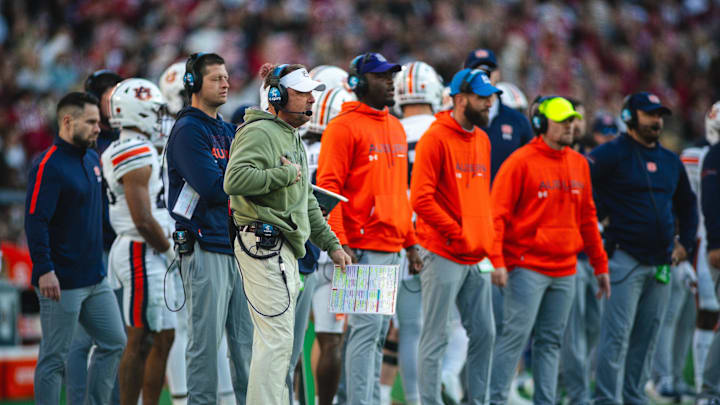 Nov 30, 2024; Tuscaloosa, Alabama, USA; Auburn Tigers head coach Hugh Freeze on the sideline during the second quarter against the Alabama Crimson Tide at Bryant-Denny Stadium. Mandatory Credit: Will McLelland-Imagn Images Nov 30, 2024; Tuscaloosa, Alabama, USA; Auburn Tigers head coach Hugh Freeze on the sideline during the second quarter against the Alabama Crimson Tide at Bryant-Denny Stadium. Mandatory Credit: Will McLelland-Imagn Images