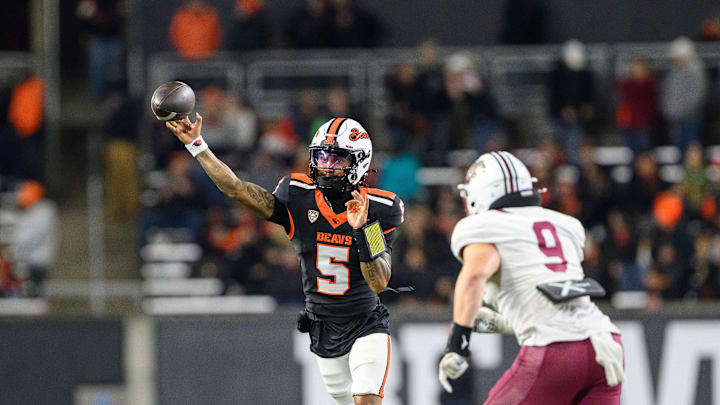 Oct 18, 2025; Corvallis, Oregon, USA; Oregon State Beavers quarterback Gabarri Johnson (5) throws a pass during the third quarter against the Lafayette Leopards at Reser Stadium. Mandatory Credit: Craig Strobeck-Imagn Images Oct 18, 2025; Corvallis, Oregon, USA; Oregon State Beavers quarterback Gabarri Johnson (5) throws a pass during the third quarter against the Lafayette Leopards at Reser Stadium. Mandatory Credit: Craig Strobeck-Imagn Images